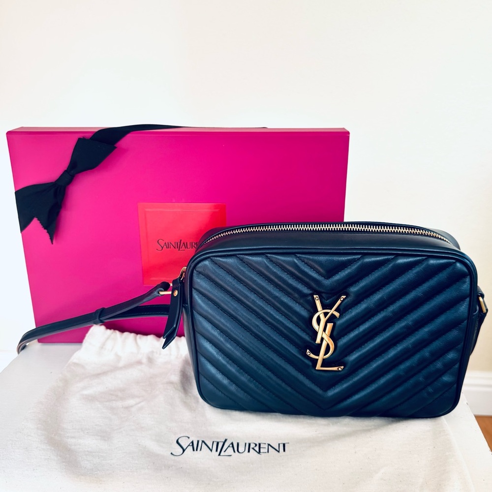 Authentic Navy YSL Lou medium camera bag w/back pocket
